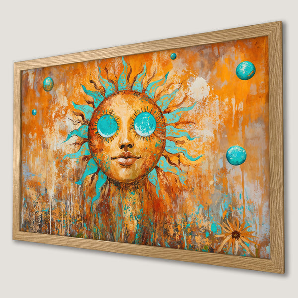 Framed Poster featuring a vibrant sun face art print in orange and teal tones. Perfect for adding a pop of color and style to your space!