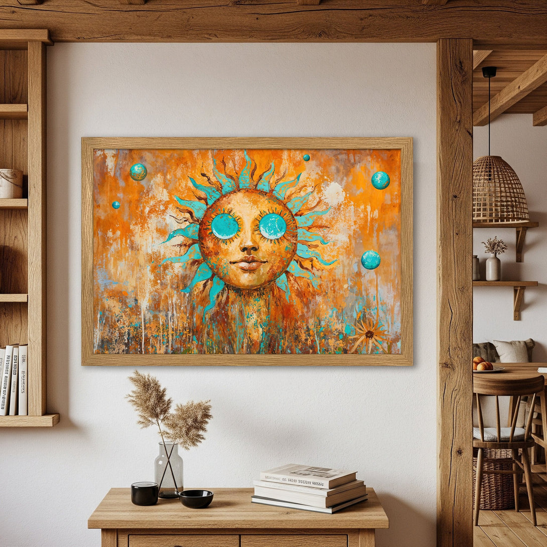 Framed Poster featuring a sun face artwork in an abstract style with orange, teal, and brown tones, perfect for home decor.