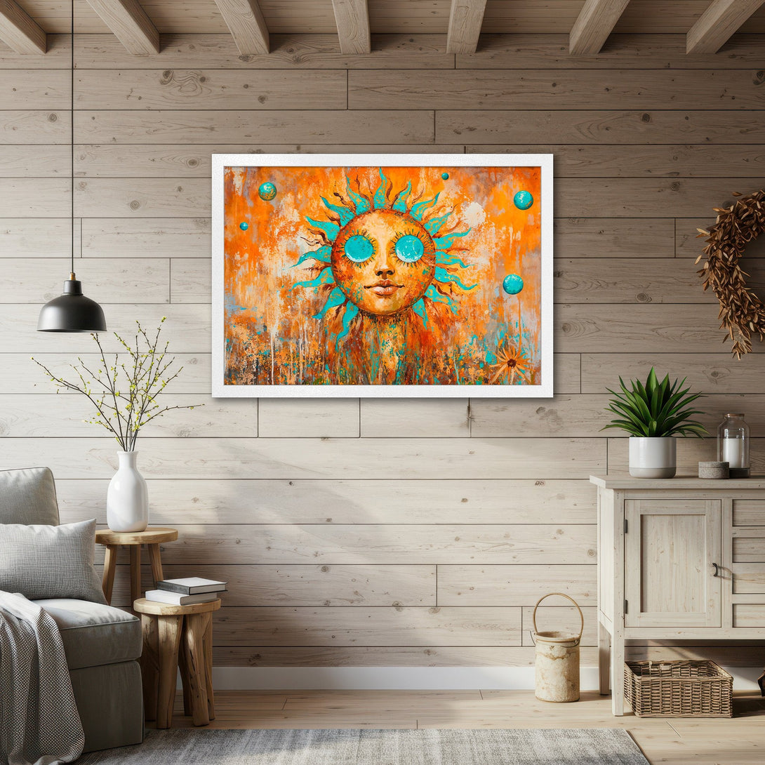 Framed Poster featuring a vibrant sun artwork in orange and teal, perfect for adding a pop of color and artistic flair to your space.