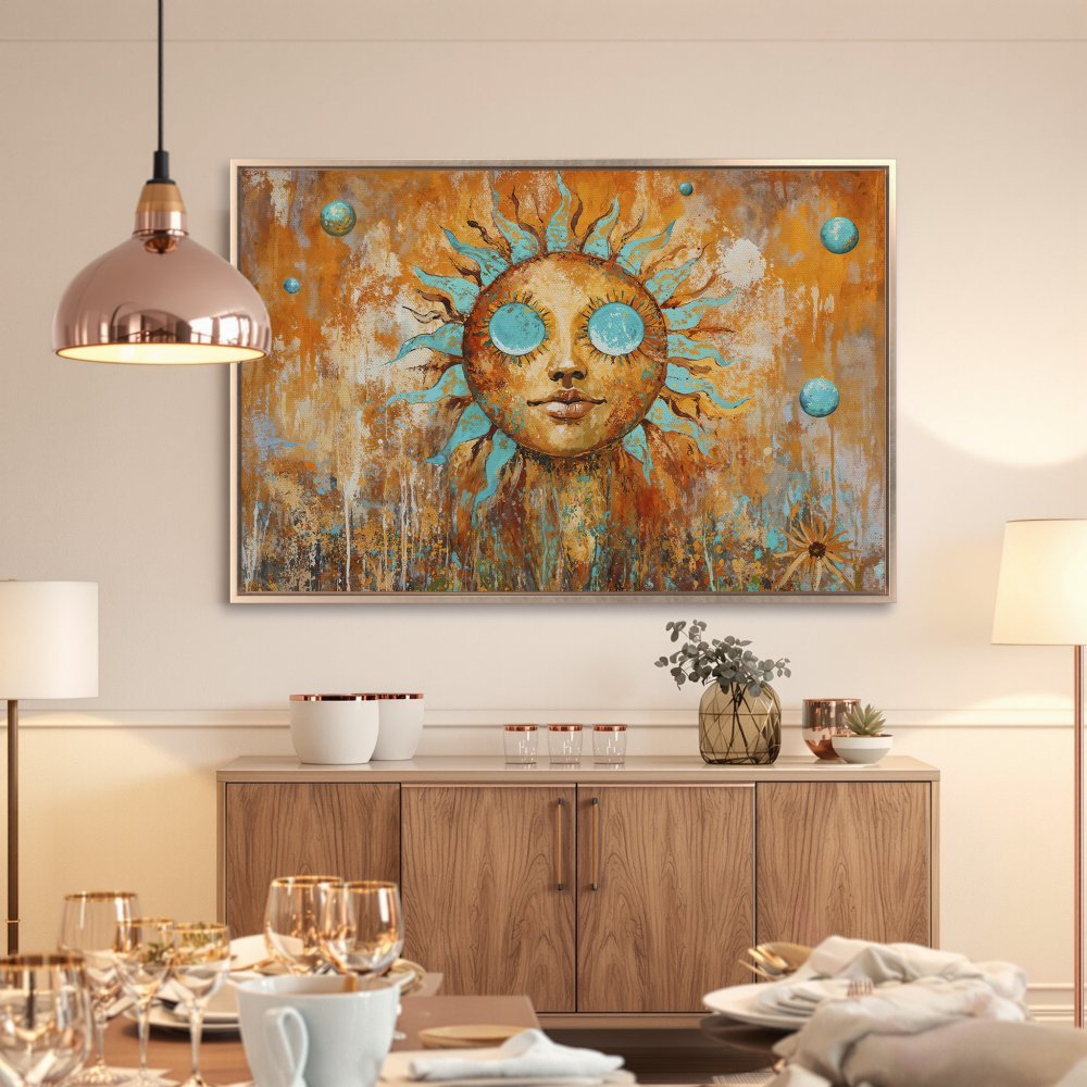 Framed Wall Art: Abstract sun face painting in warm orange & teal tones. Rustic style canvas print adds unique art to your home decor.