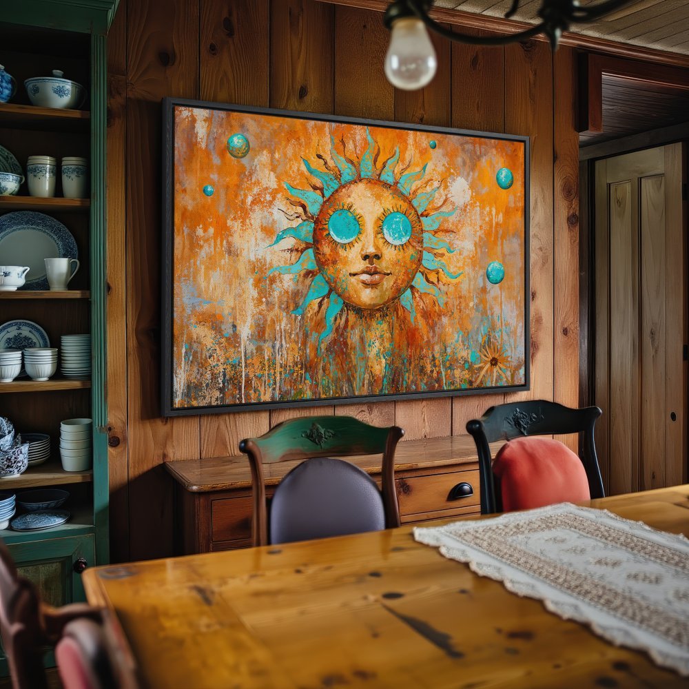 Framed Wall Art: Abstract sun painting in vibrant teal and orange hues. Add a touch of bohemian art to your home decor.