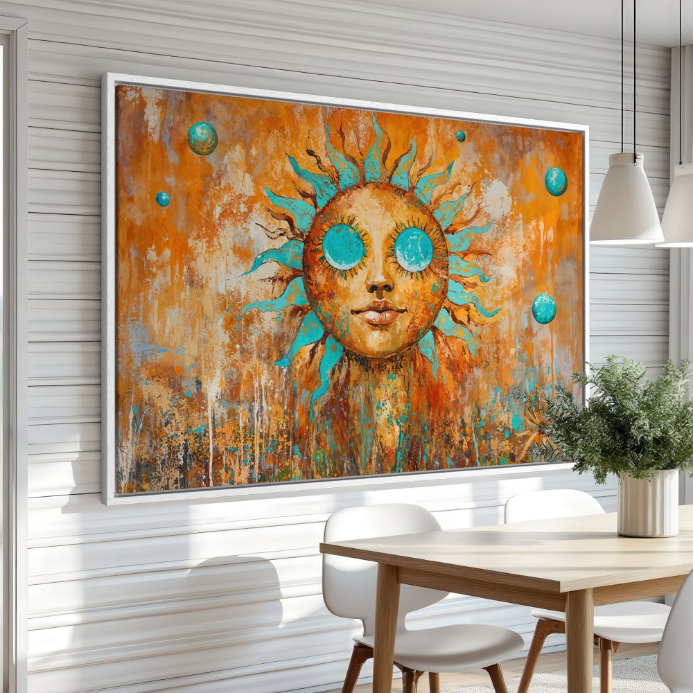 Framed Wall Art: Abstract sun painting in warm orange and turquoise tones. Add a touch of bohemian style to your home with this canvas print.