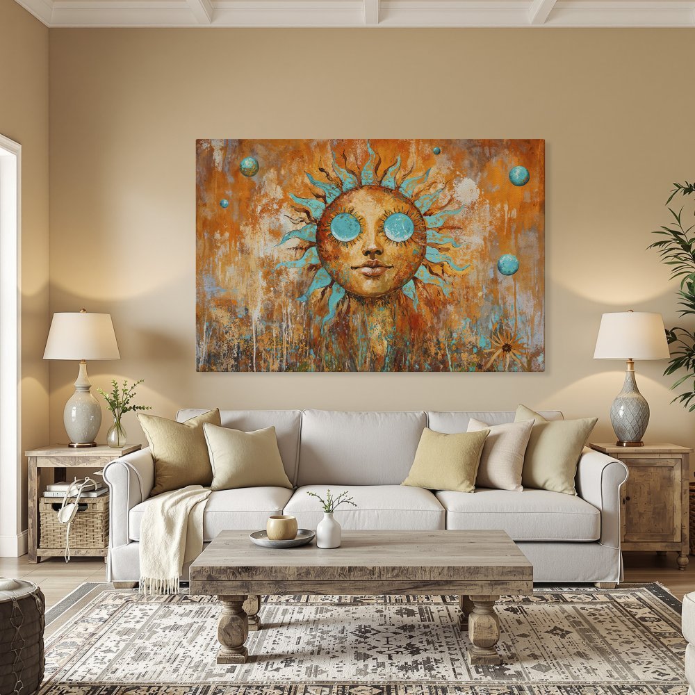 Framed Wall Art: Abstract sun face painting in teal and orange, perfect for adding vibrant art to your dining room decor.