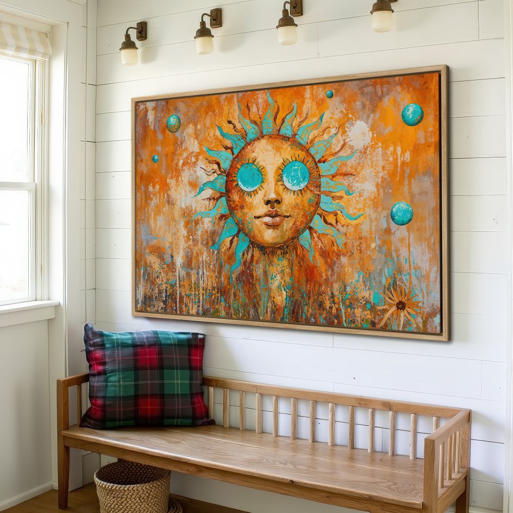 Framed Wall Art: Abstract sun face in warm orange and teal tones. Rustic style canvas print adds vibrant art to any space.
