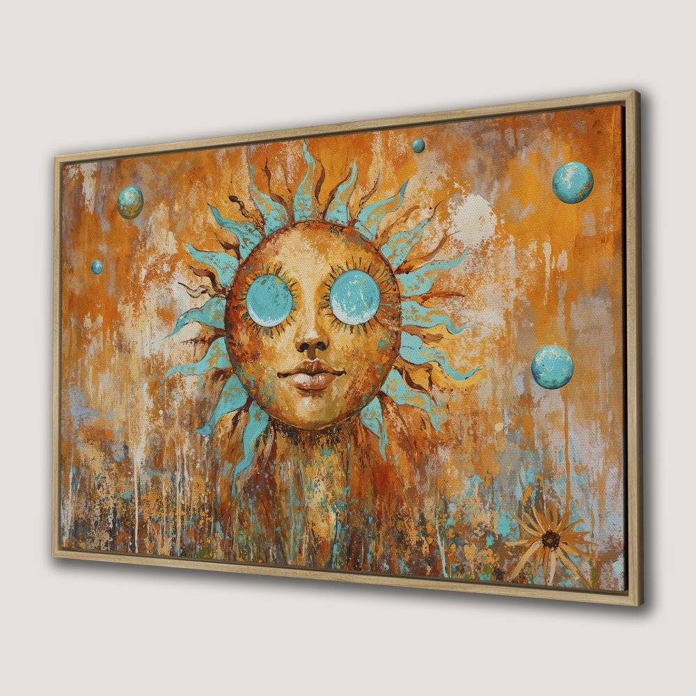 Abstract Canvas Print featuring a smiling sun with turquoise accents, warm orange and blue color palette, perfect wall art for any room.
