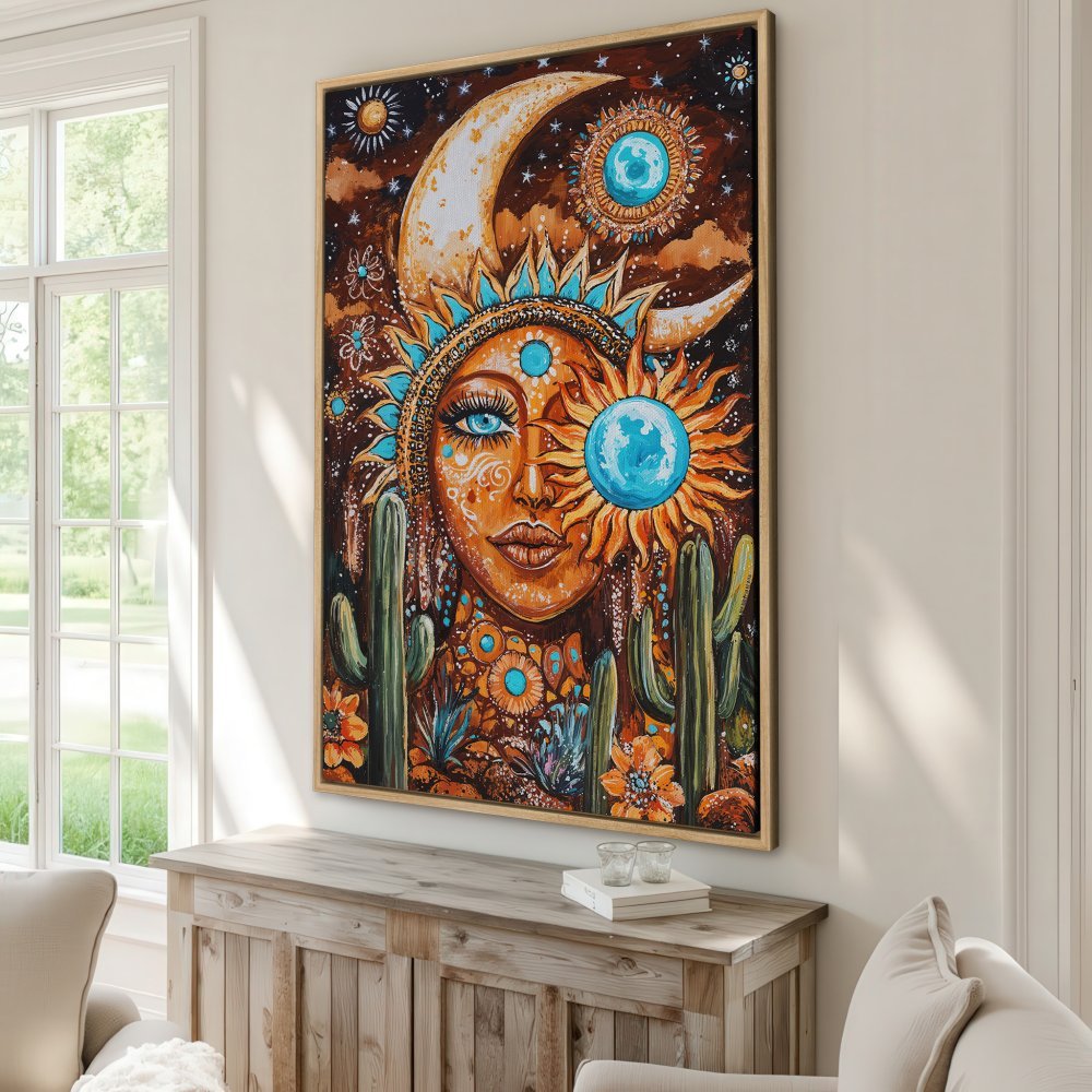 Framed Wall Art: Boho sun goddess canvas print in warm orange, turquoise, and brown tones. Perfect for adding a touch of bohemian style to your home decor.