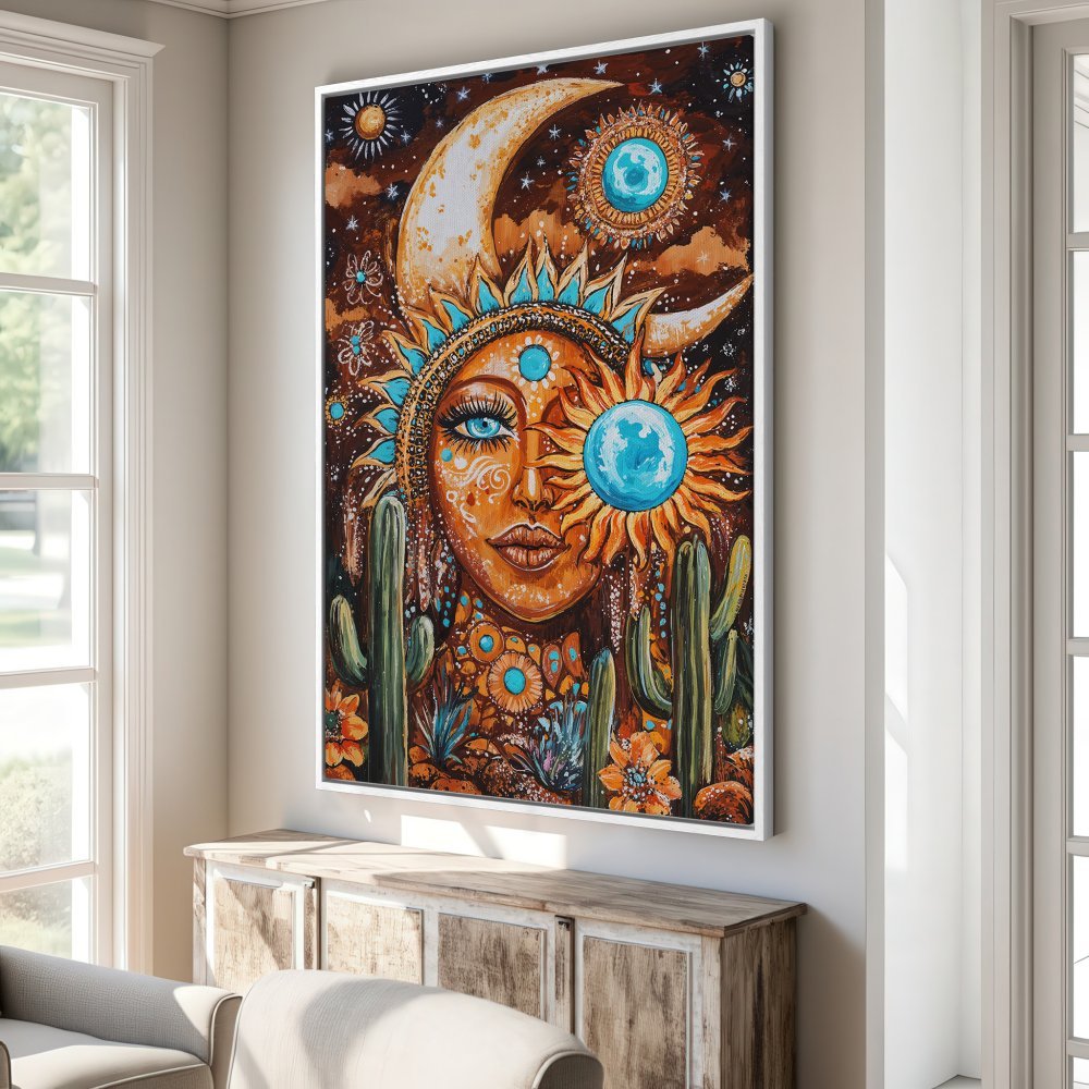 Framed Wall Art featuring a vibrant bohemian sun goddess. Earthy tones with pops of turquoise create a stunning canvas print for your home.
