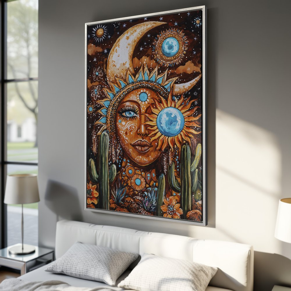 Framed Wall Art: Boho sun and moon face canvas print with warm earth tones, turquoise accents, and desert cactus decor. Perfect for bedroom art.