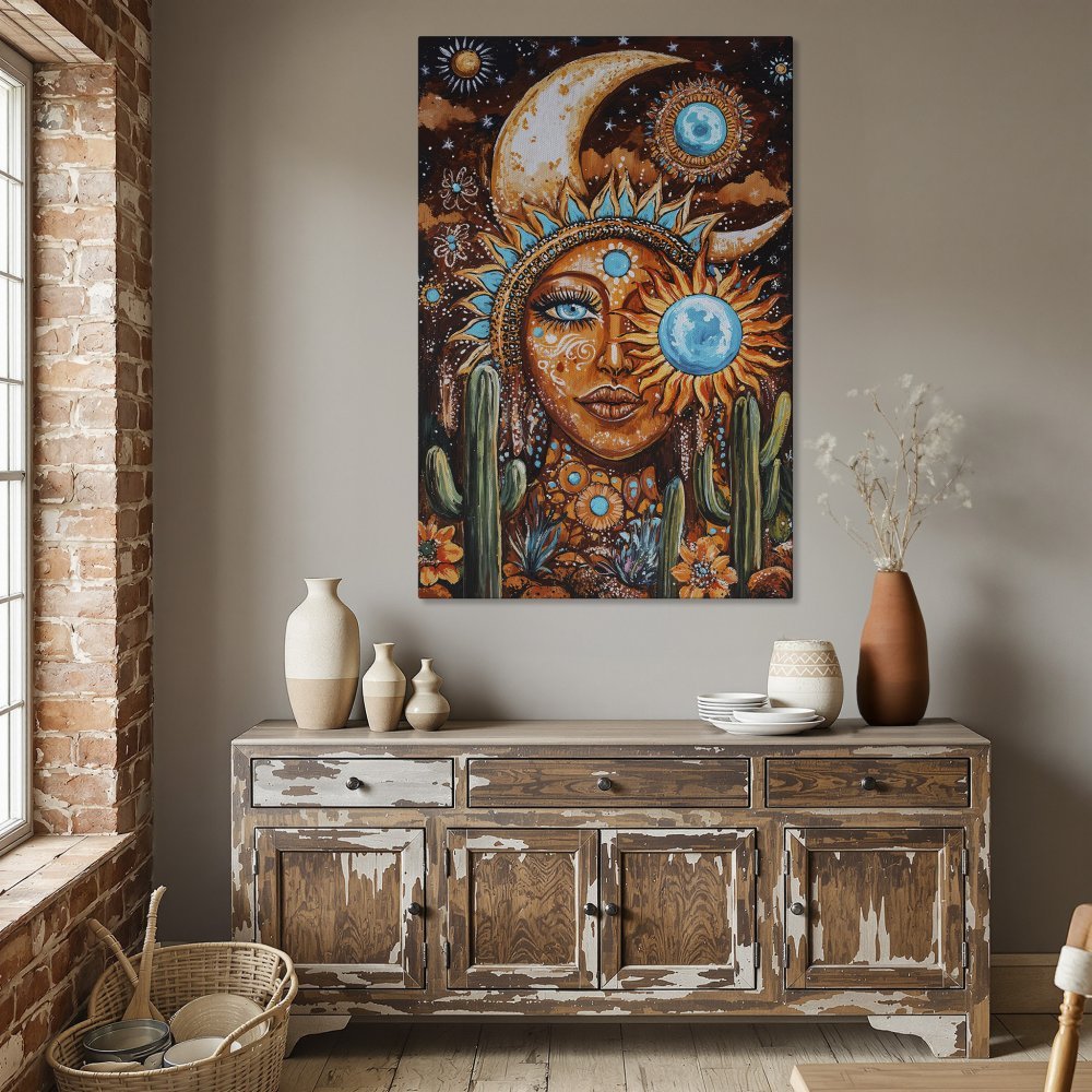 Boho Canvas Print: Sun and Moon artwork in warm orange and turquoise tones. Perfect for adding a touch of bohemian style to your home decor.