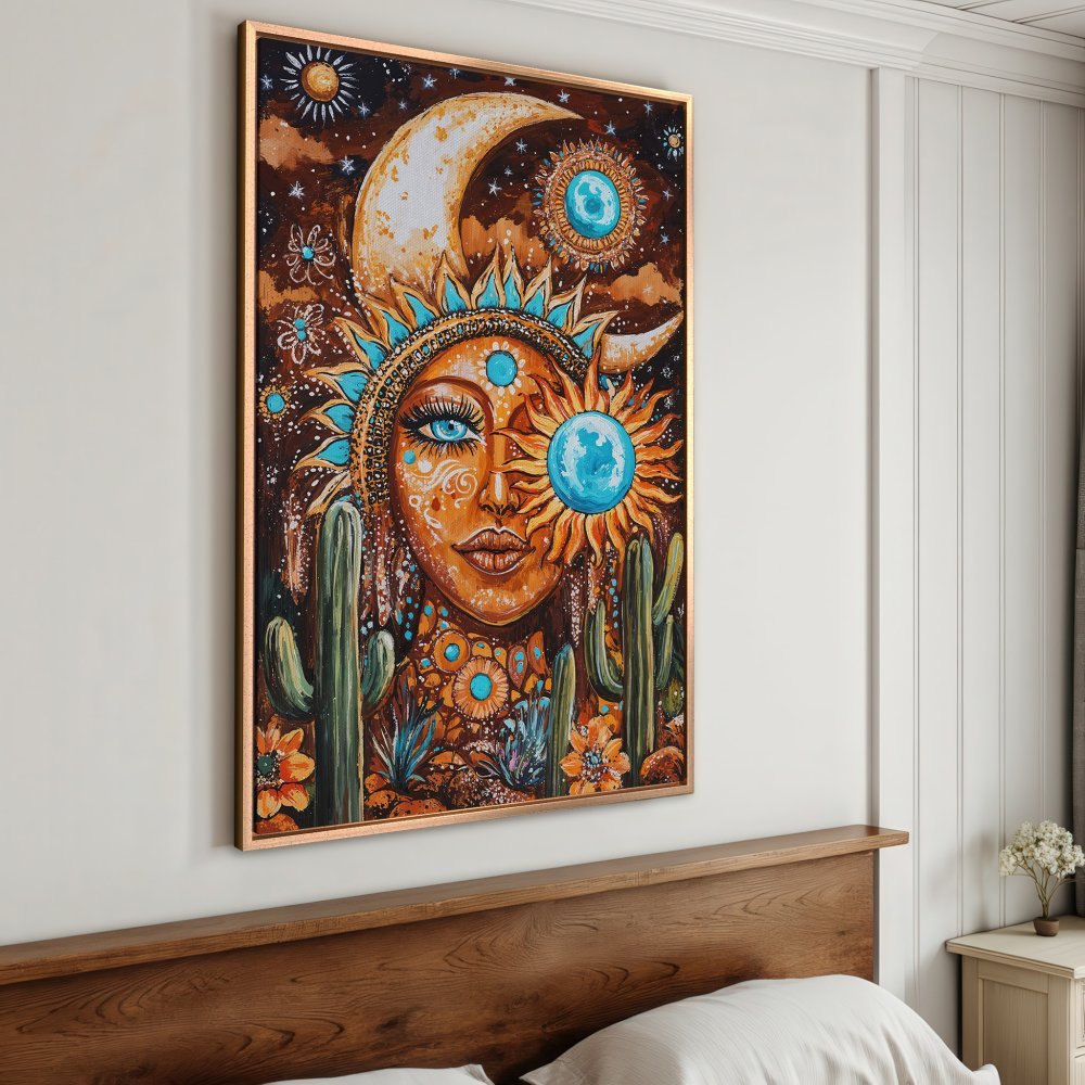 Framed Wall Art: Bohemian sun goddess canvas print in warm earthy tones with turquoise accents. Perfect for a desert-inspired home decor.