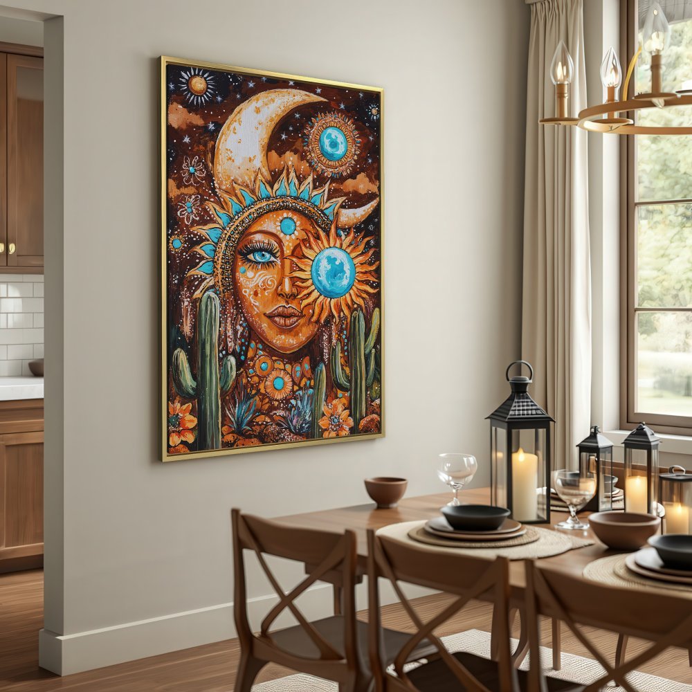 Canvas Print of a bohemian sun goddess. Earthy tones with turquoise accents. Perfect wall art for a unique space.