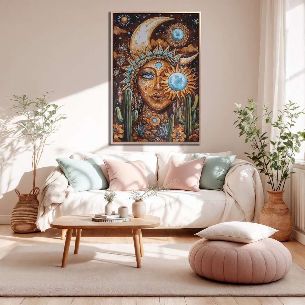 Framed Wall Art featuring a celestial goddess in warm earth tones. Boho style canvas print perfect for living room decor.
