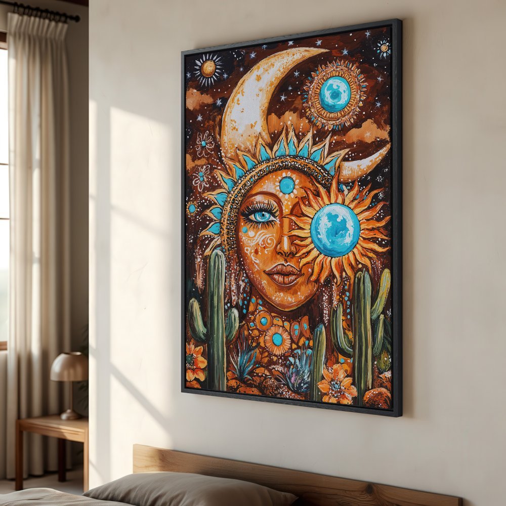 Framed Wall Art: Boho sun goddess canvas print in warm orange, teal, and brown tones. Adds a touch of desert-inspired art to your bedroom decor.