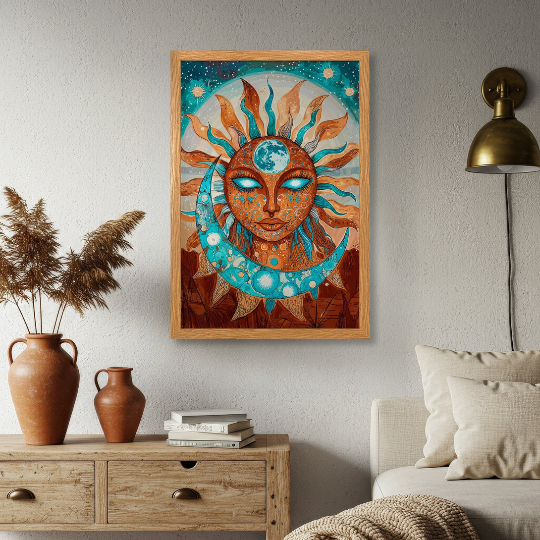 Framed Poster featuring a vibrant sun and moon design in a bohemian style, with a warm orange and teal color palette. Add celestial vibes to your space!