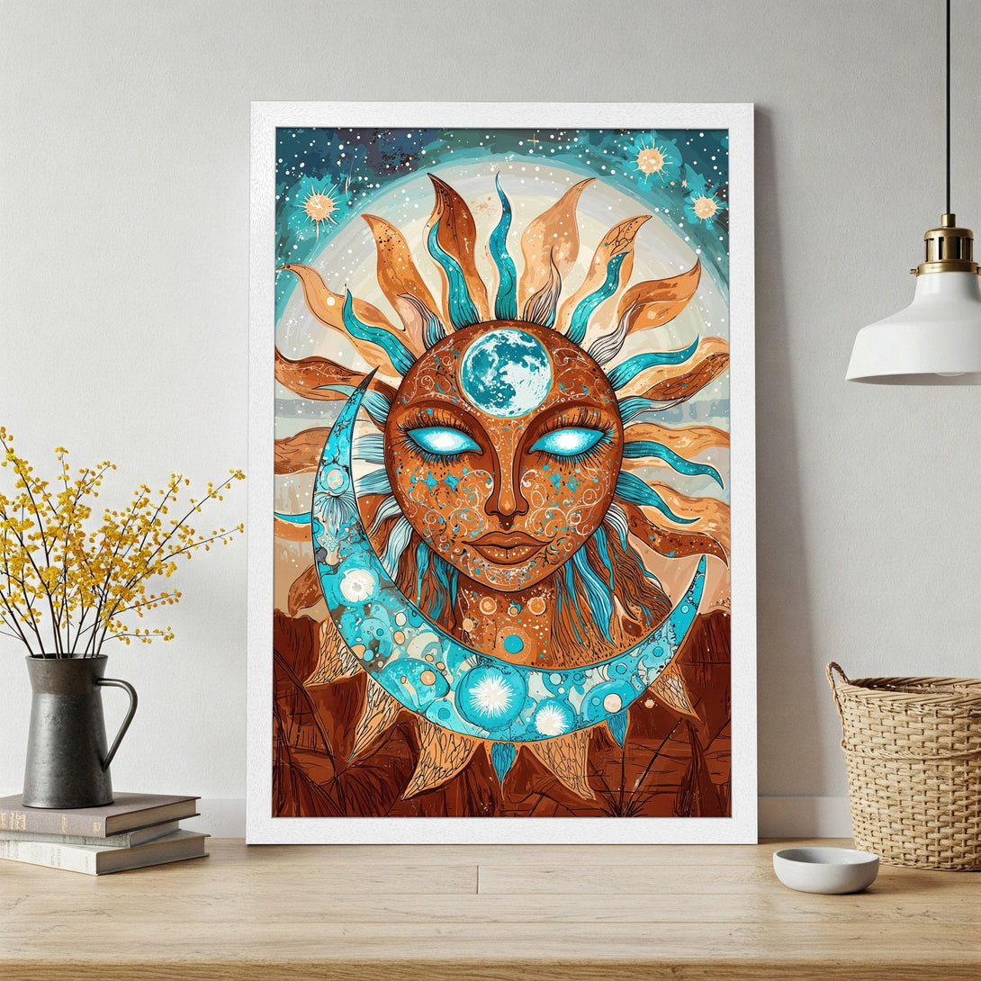 Framed Poster featuring a celestial sun and moon design in a bohemian style with a warm brown and teal color palette. Perfect wall art!