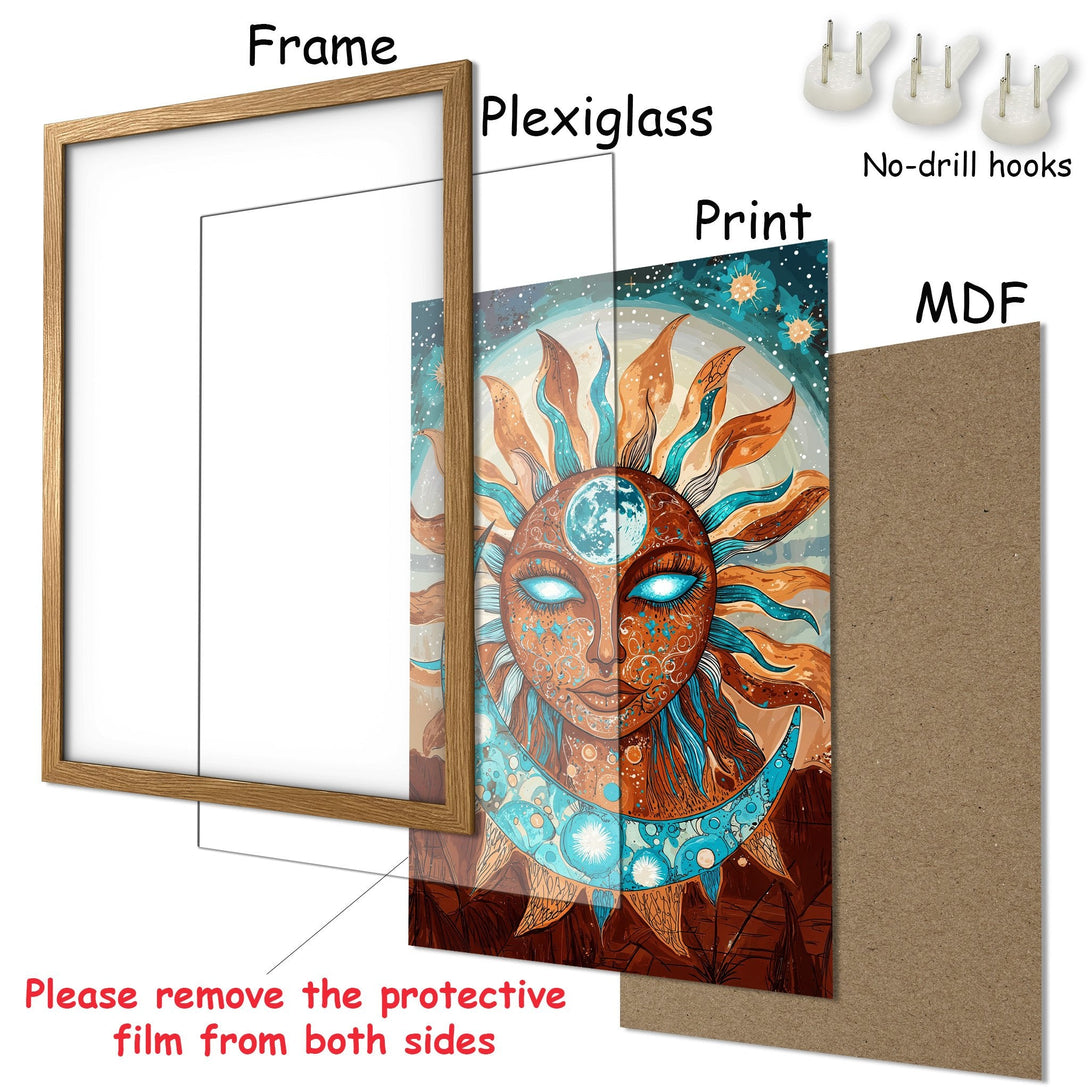 Framed Poster featuring a celestial sun design in a boho style with a warm, earthy and teal color palette.