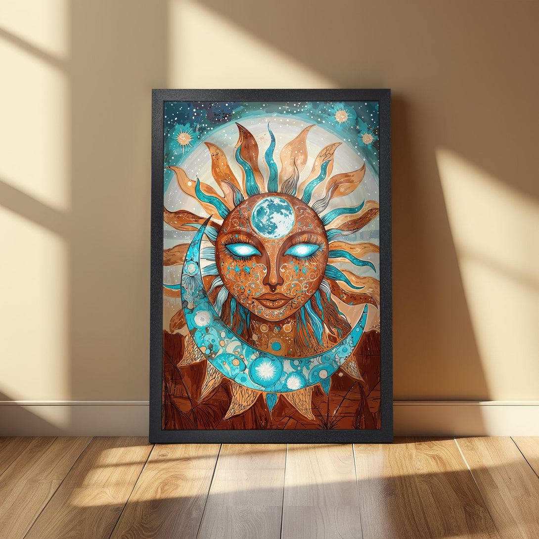 Framed Poster featuring a celestial sun and moon design in a bohemian style with a warm, earthy color palette.
