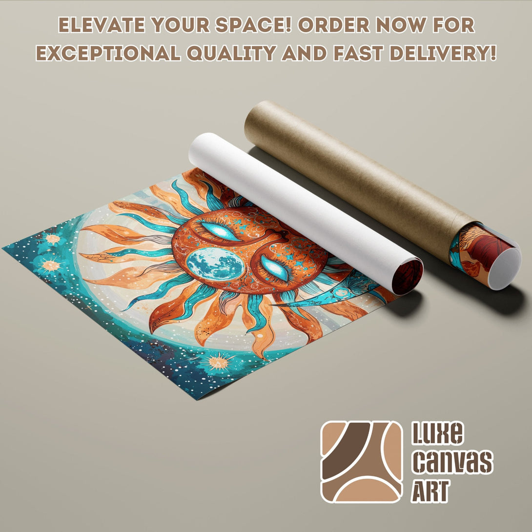 Poster Roll featuring a vibrant sun illustration in warm orange and teal tones. Elevate your space with this art poster!