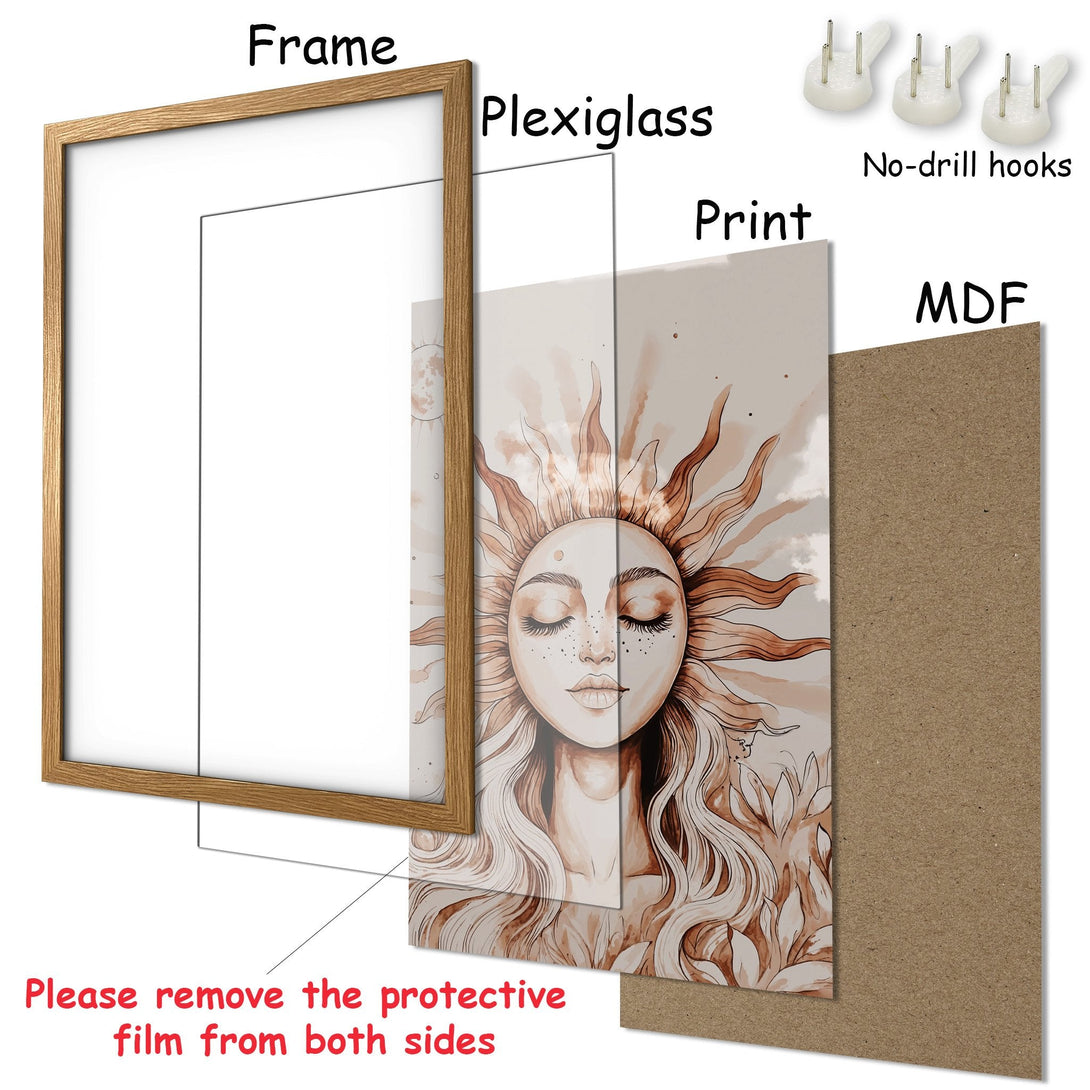 Framed Poster featuring a sun goddess illustration in a watercolor style with a warm, earthy color palette. Perfect for adding art!