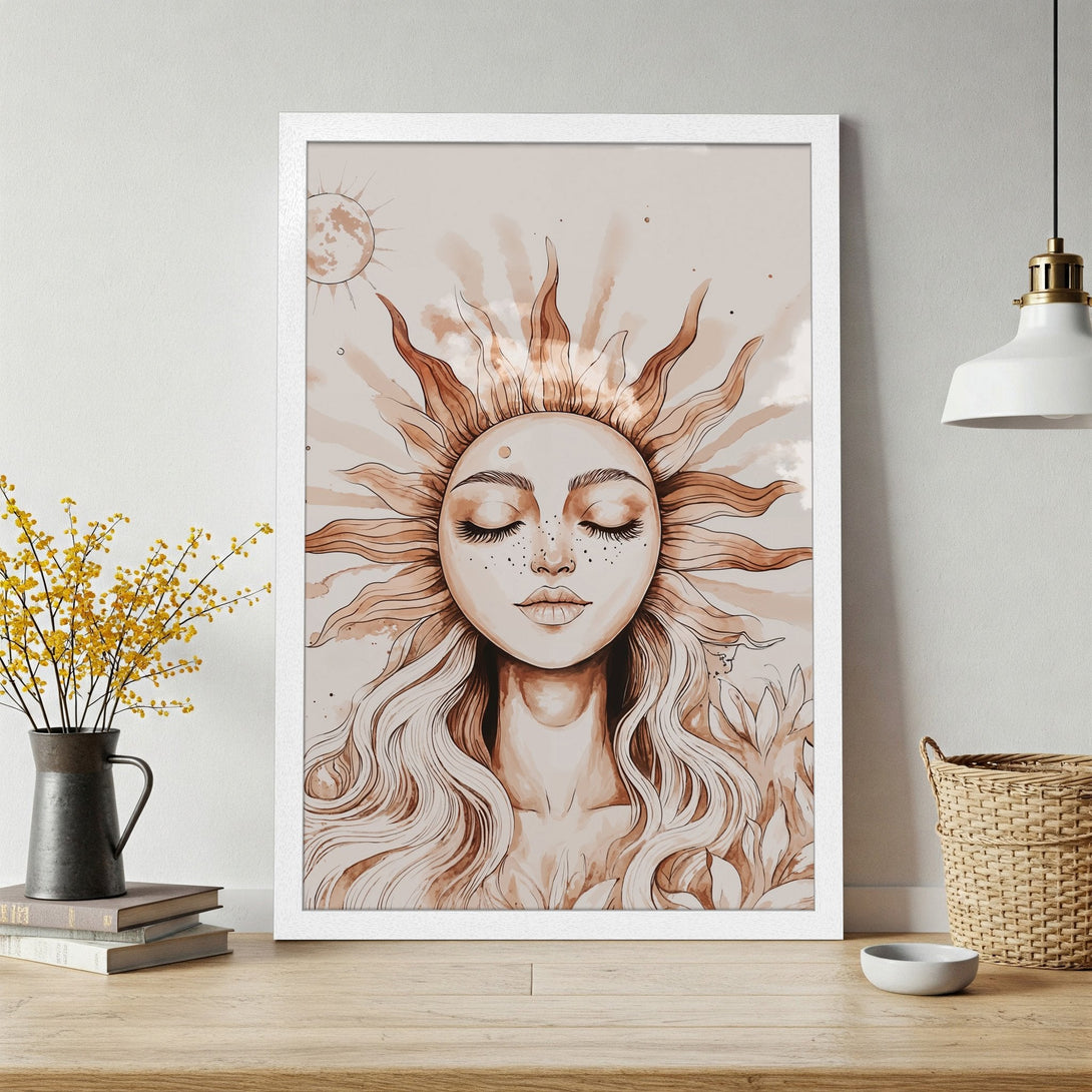 Framed Poster featuring a sun goddess illustration in watercolor style. Earthy brown and beige color palette, perfect for boho decor.