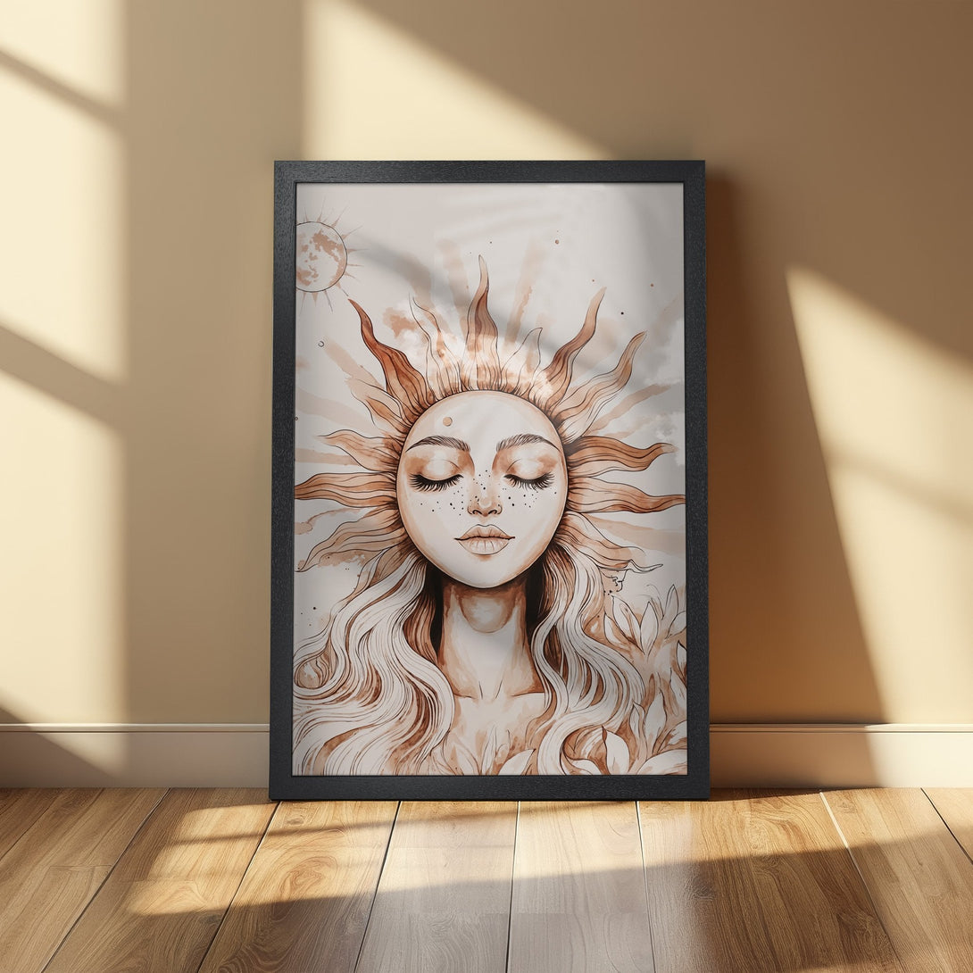 Framed Poster featuring a woman as the sun, watercolor style, warm earth tones. Perfect wall art for a calming space.