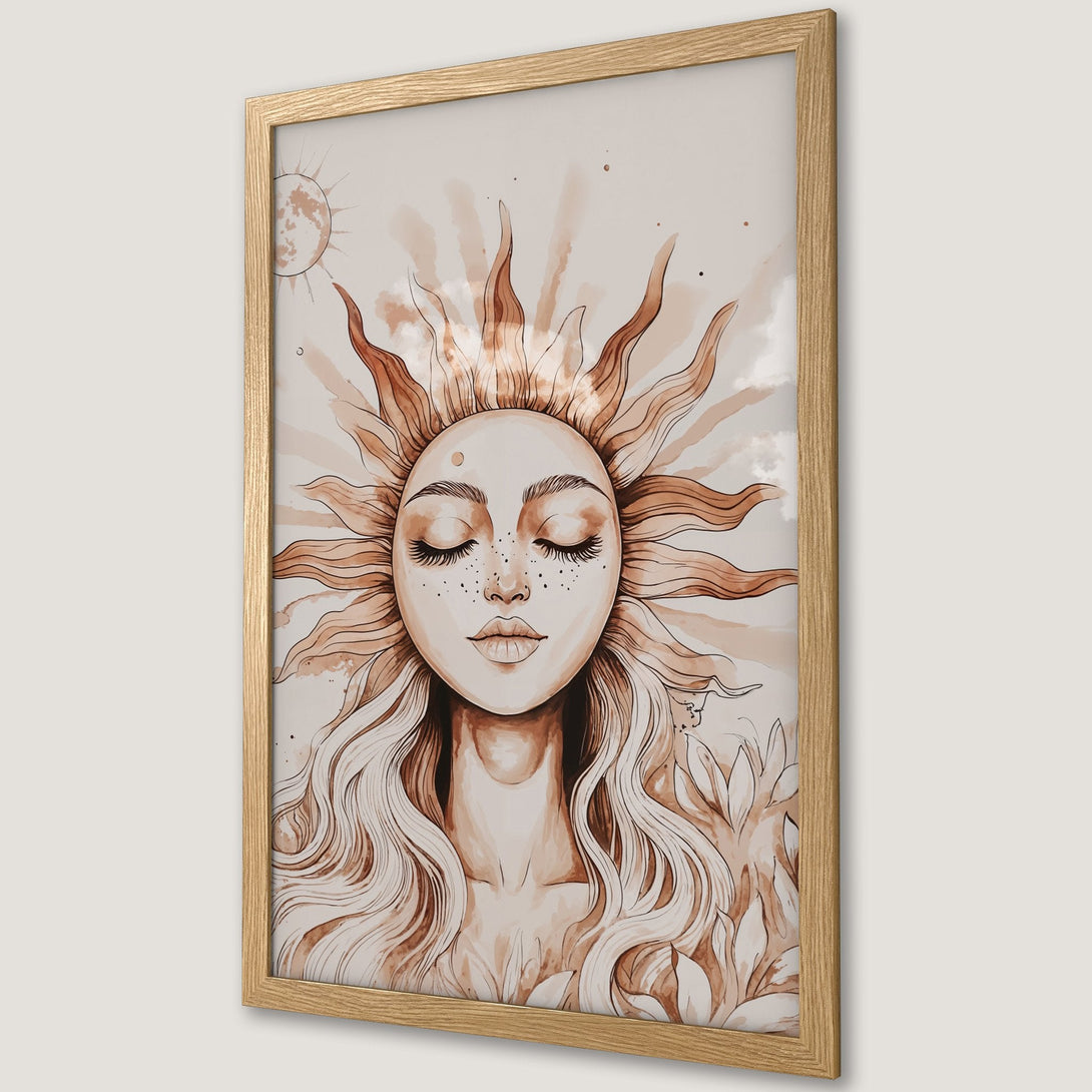 Framed Poster featuring a sun goddess illustration in watercolor style, warm brown and beige tones. Perfect art for any room!