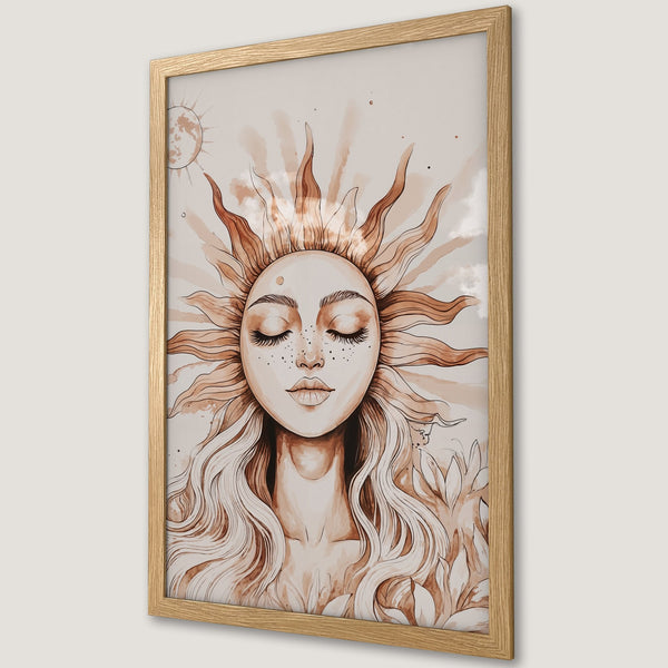 Framed Poster featuring a sun goddess illustration in watercolor style, warm brown and beige tones. Perfect art for any room!