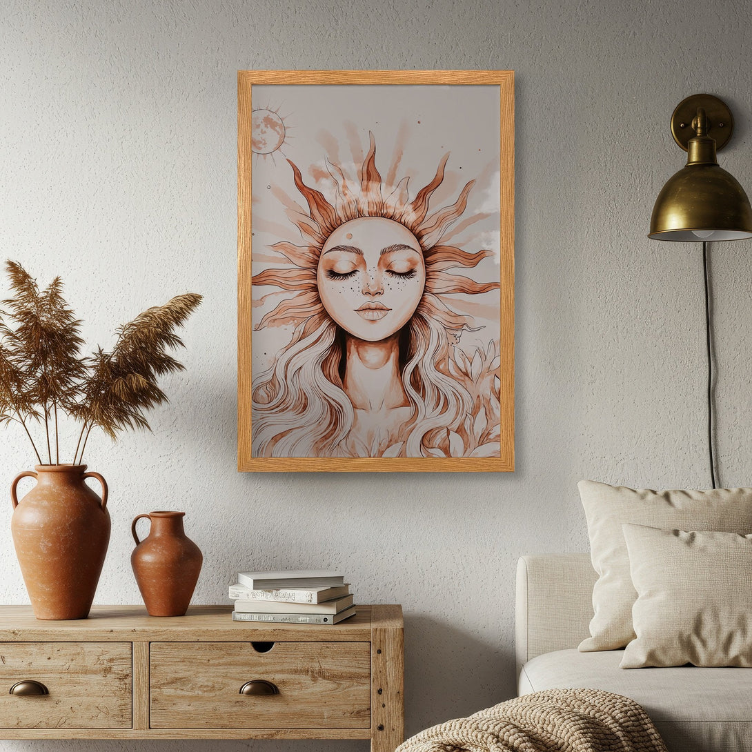 Framed Poster featuring a sun goddess illustration in warm, earthy tones. Perfect wall art for a bohemian or minimalist aesthetic. Shop now!