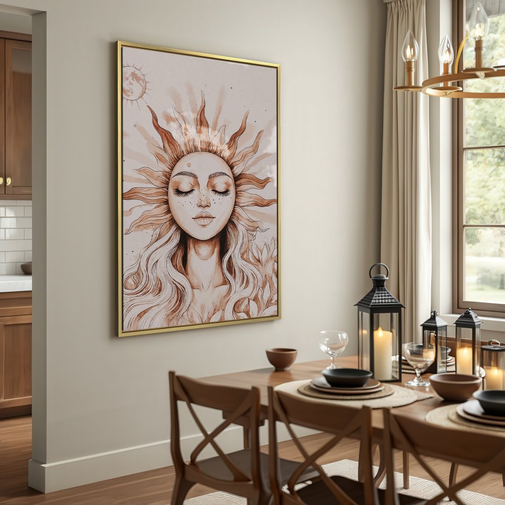 Canvas Print featuring a serene sun goddess illustration in a warm, neutral color palette. Perfect boho wall art for your home!