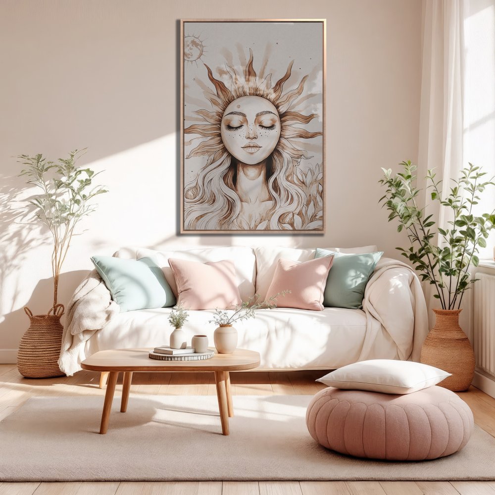 Framed Wall Art: Sun goddess portrait in neutral tones. Boho style Canvas Print adds warmth to any living room.