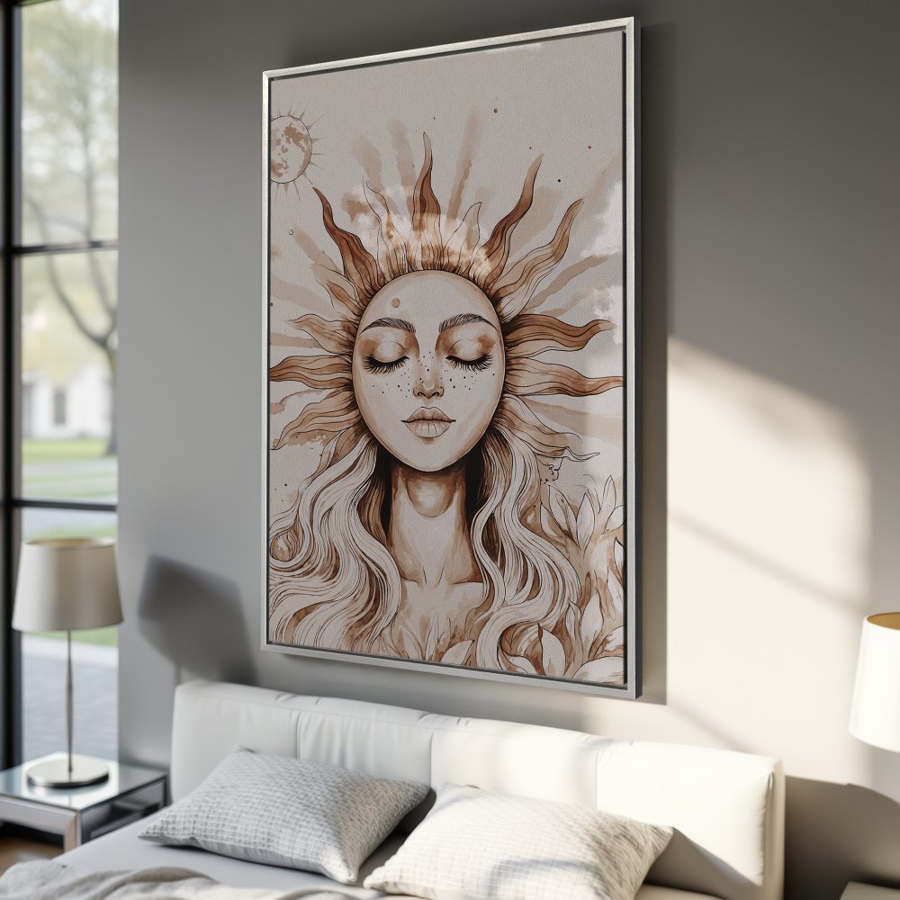 Framed Wall Art: Sun Goddess Canvas Print in neutral tones. Boho style artwork with warm brown and beige palette, perfect for bedroom decor.