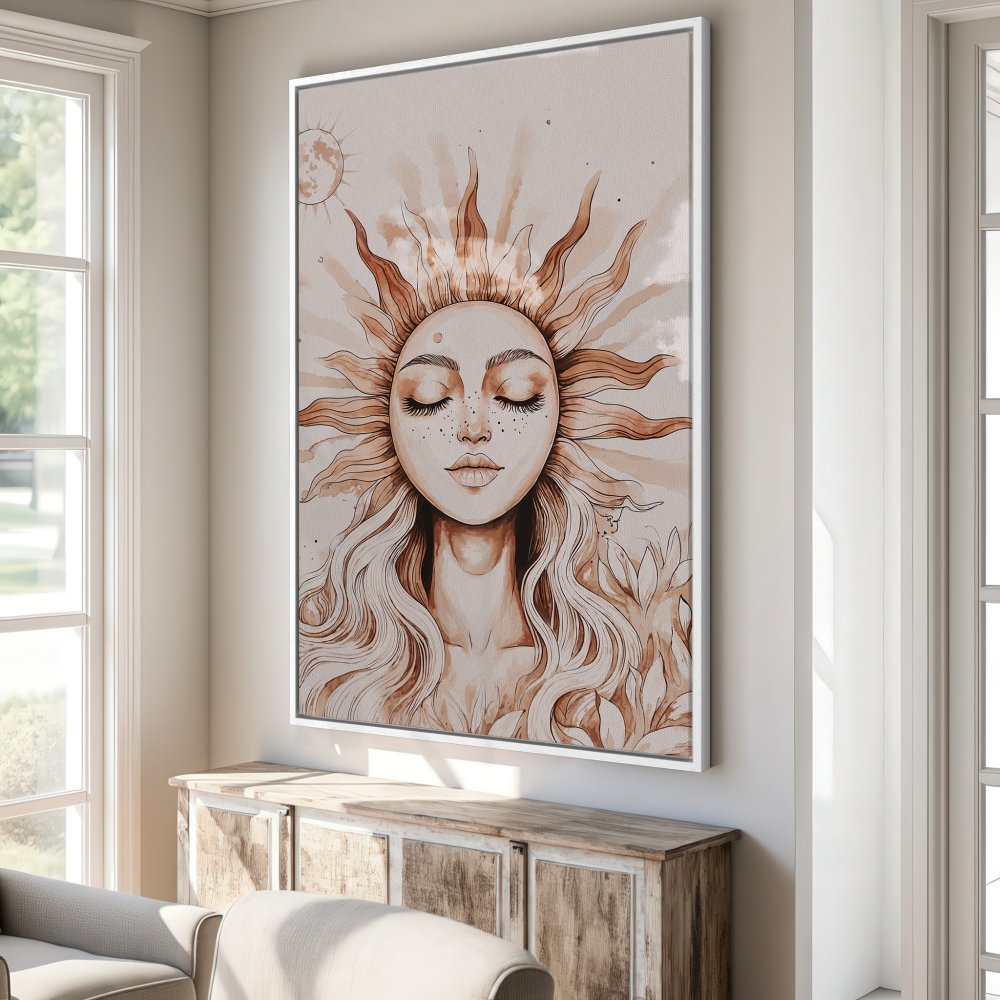 Framed Wall Art: Boho sun goddess canvas print in warm neutral tones. Perfect for adding a touch of zen and style to any space. Shop now!