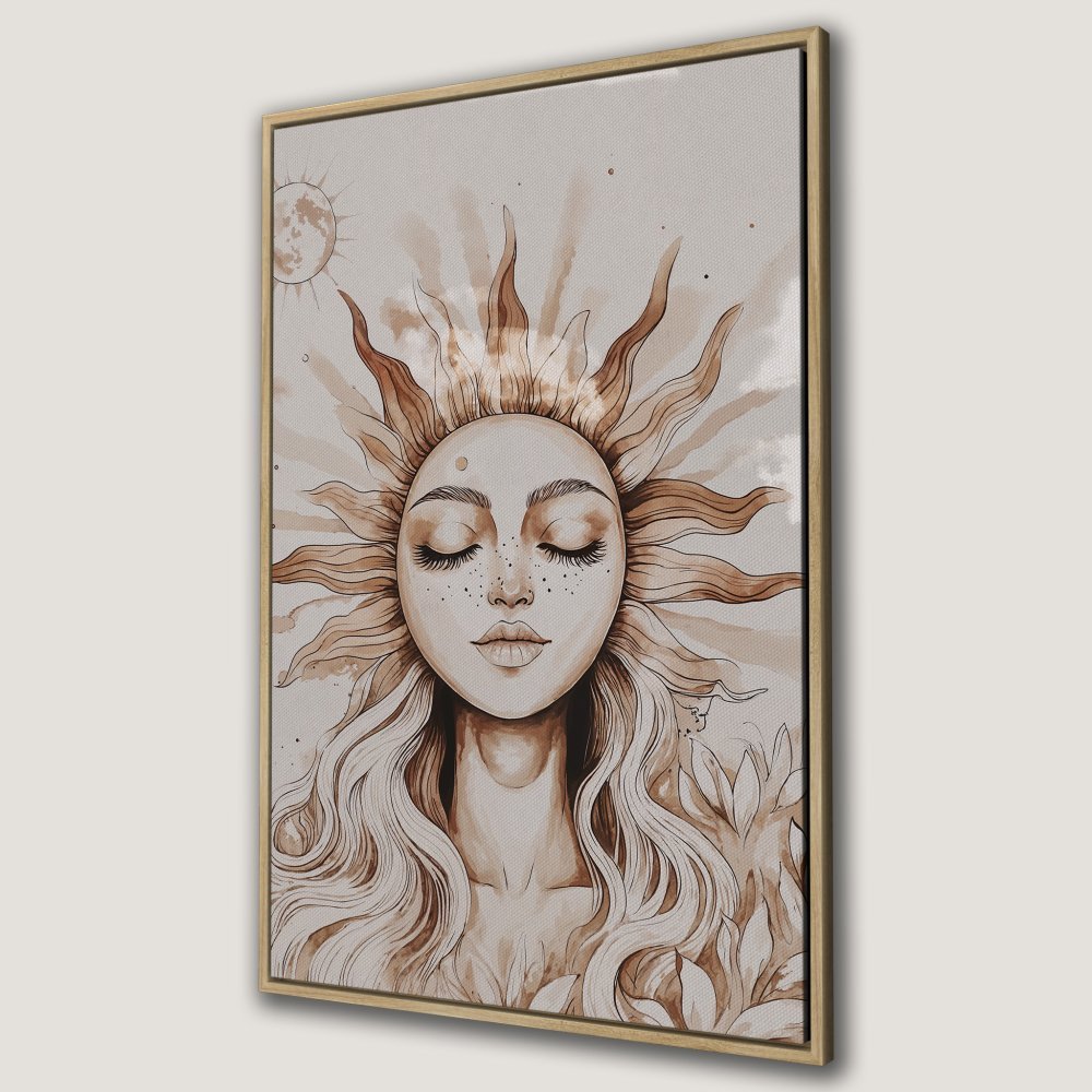 Framed Wall Art: Bohemian sun goddess illustration in warm brown tones. Perfect for adding a touch of zen to your home decor. Shop now!