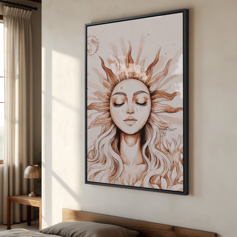 Framed Wall Art featuring a watercolor sun goddess. Earthy tones and serene style create a calming aesthetic. Perfect for bedroom decor.