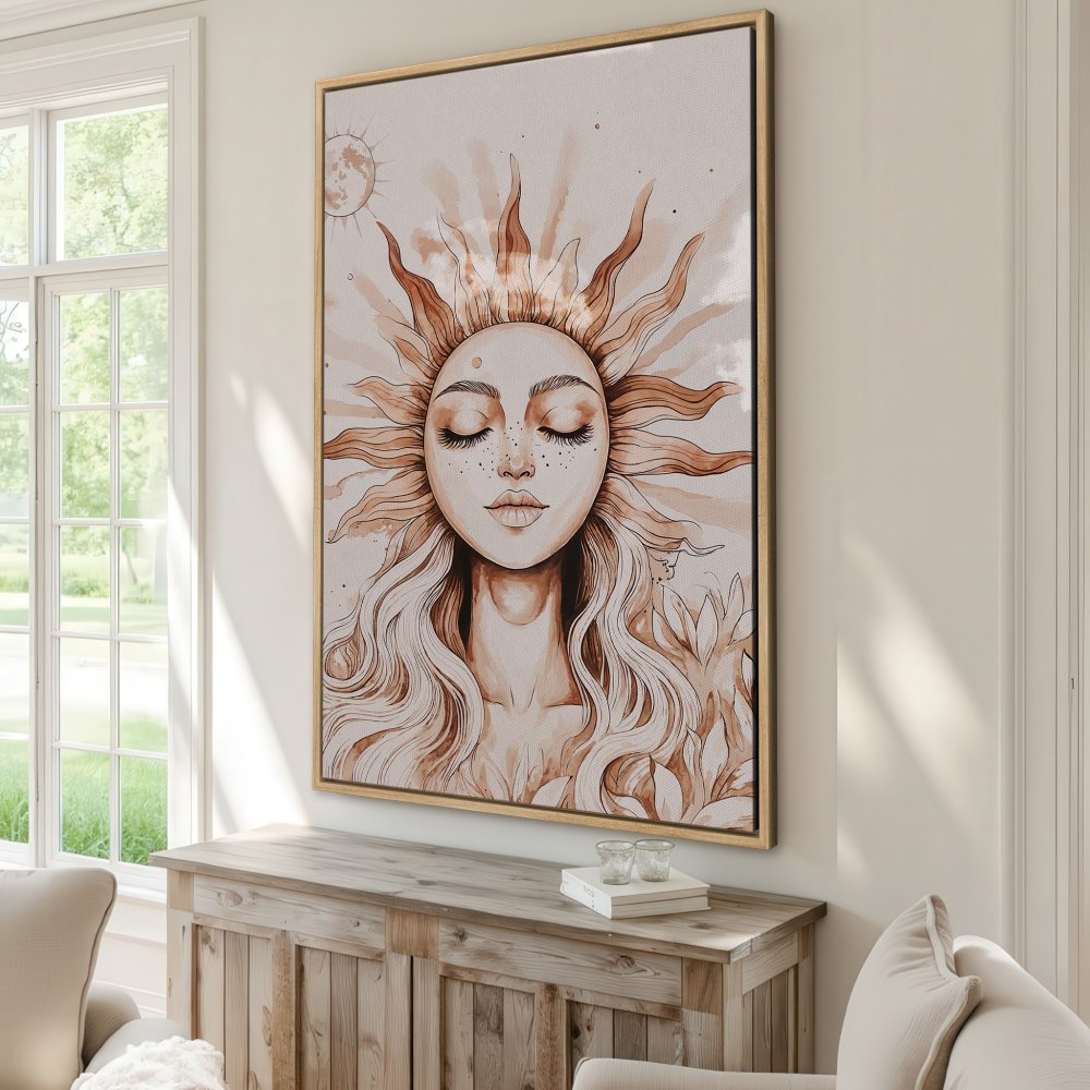 Framed Wall Art: Sun goddess illustration in warm brown tones. Boho style Canvas Print perfect for adding a touch of serenity to your home decor.