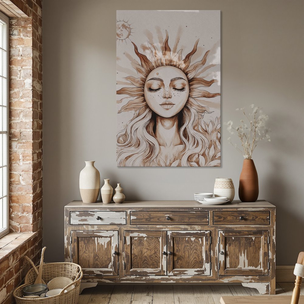 Framed Canvas Print featuring a serene sun goddess illustration in warm, neutral tones. Perfect for boho home decor!