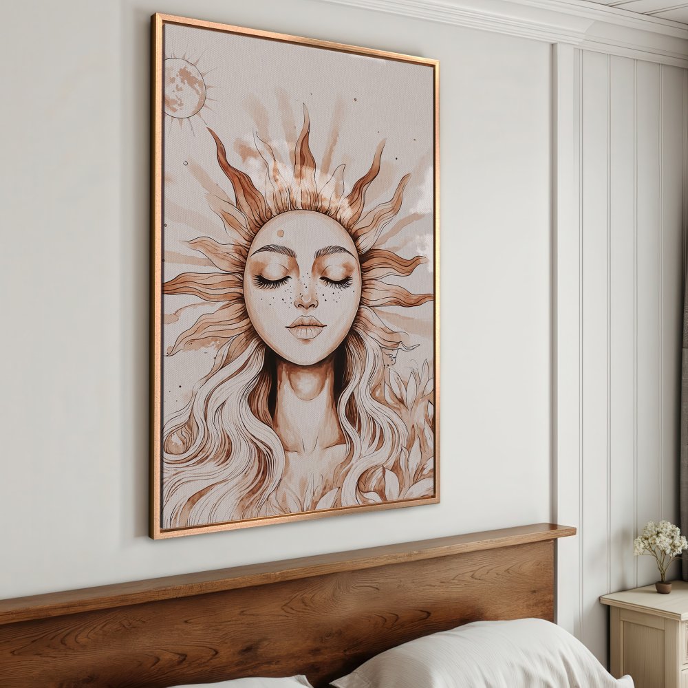 Framed Wall Art: Watercolor sun goddess print in warm neutral tones. Boho style canvas art for bedroom decor.