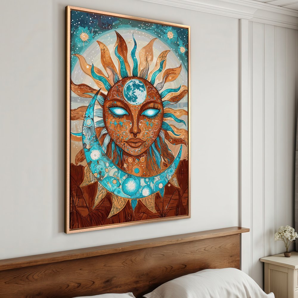 Framed Wall Art: Boho sun and moon art print in warm earth tones and turquoise. Perfect for adding a touch of celestial style to your bedroom decor.