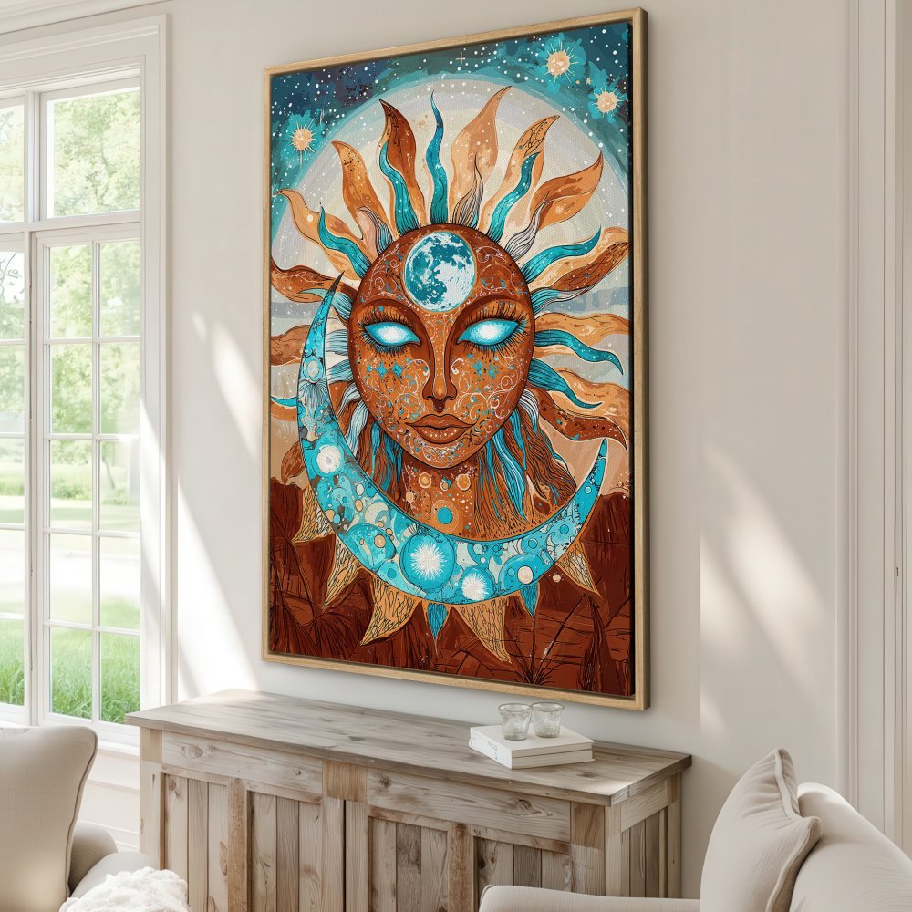 Framed Wall Art: Celestial sun and moon art print in bohemian style, featuring a warm brown, turquoise, and blue color palette. Perfect for any space!