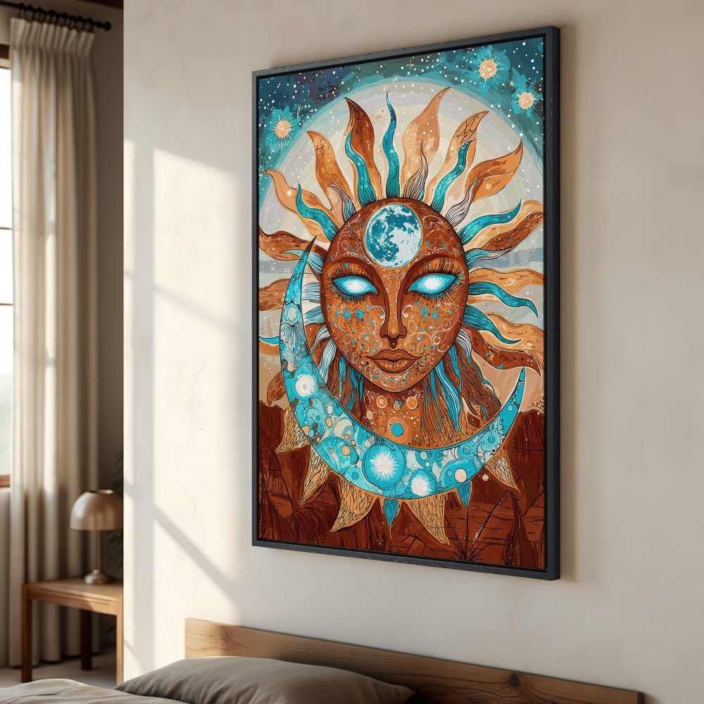 Framed Wall Art: Bohemian sun and moon illustration in teal and brown tones. Add a touch of celestial magic to your space!