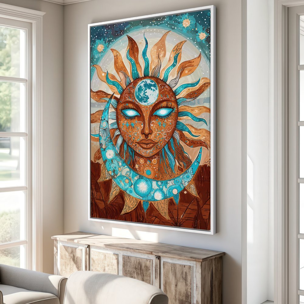 Framed Wall Art: Bohemian sun and moon art print in warm brown and teal tones. Perfect for adding a unique touch to your home decor.