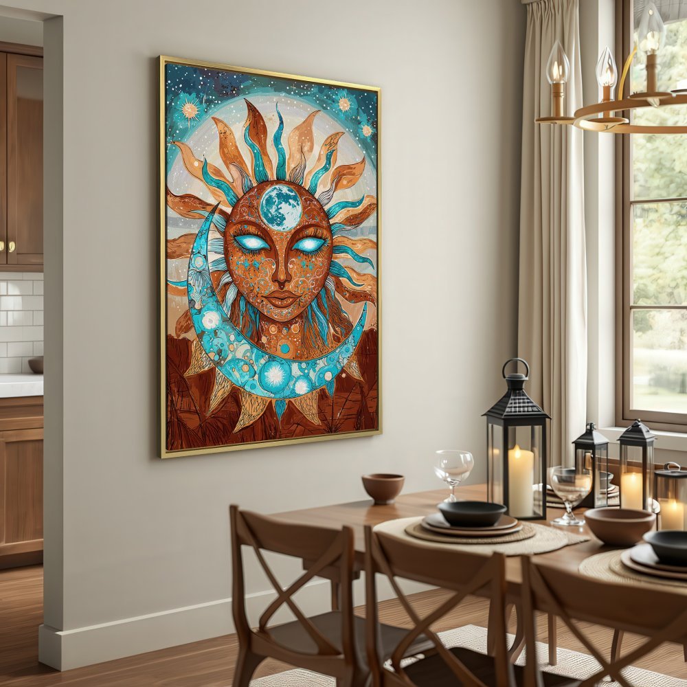 Canvas Print featuring a celestial sun and moon design in earthy tones and blue accents. Bohemian wall art for your home.