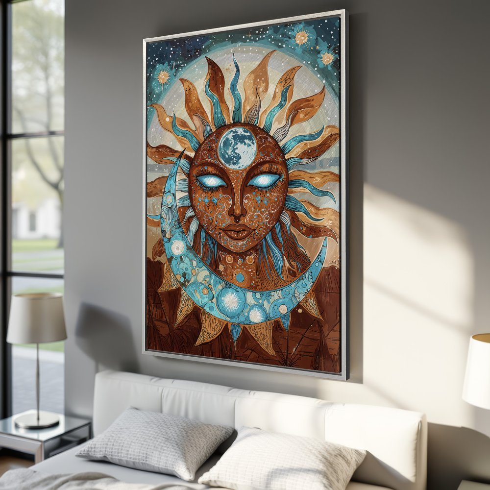 Canvas Print of a mystical sun and moon art piece in boho style, featuring a warm brown, turquoise, and gold color palette.