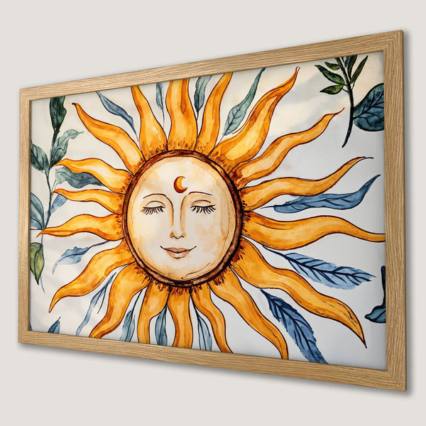 Framed Poster featuring a watercolor sun with a boho style, warm yellow and blue color palette. Add sunshine to your home!