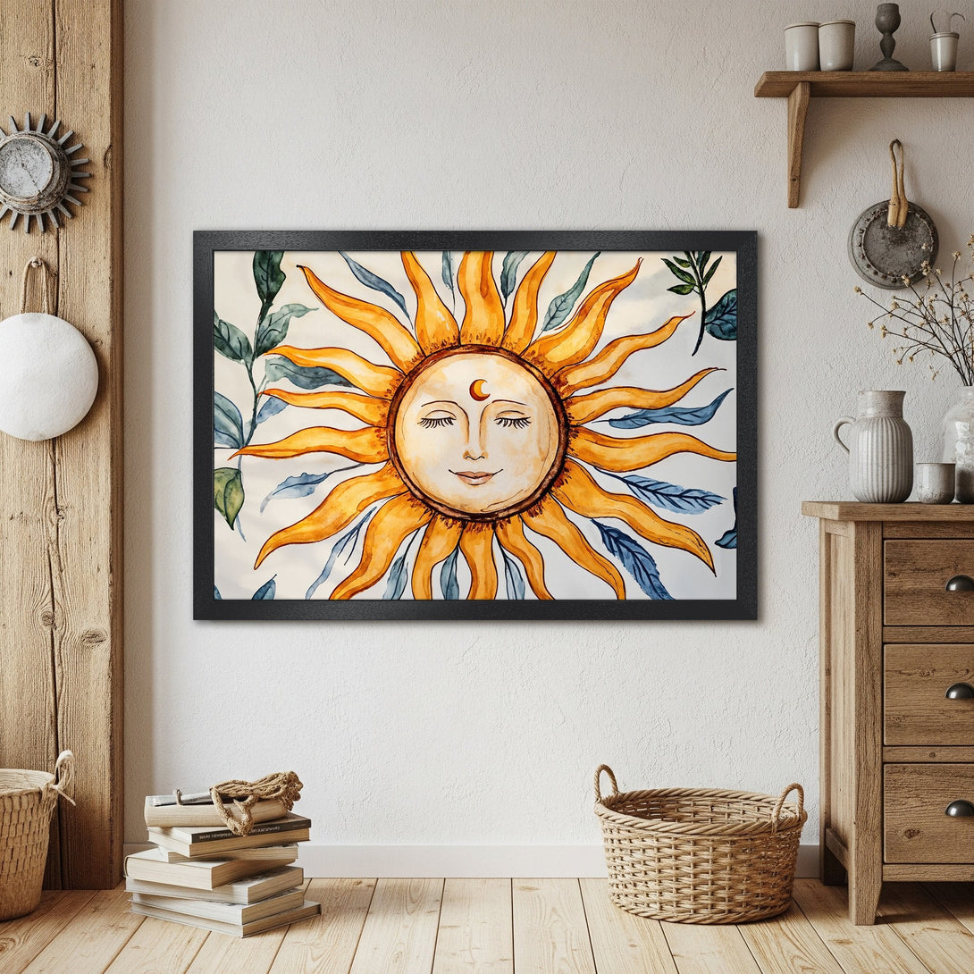 Framed Poster of a smiling sun in watercolor style, warm orange and blue tones, perfect for home decor.