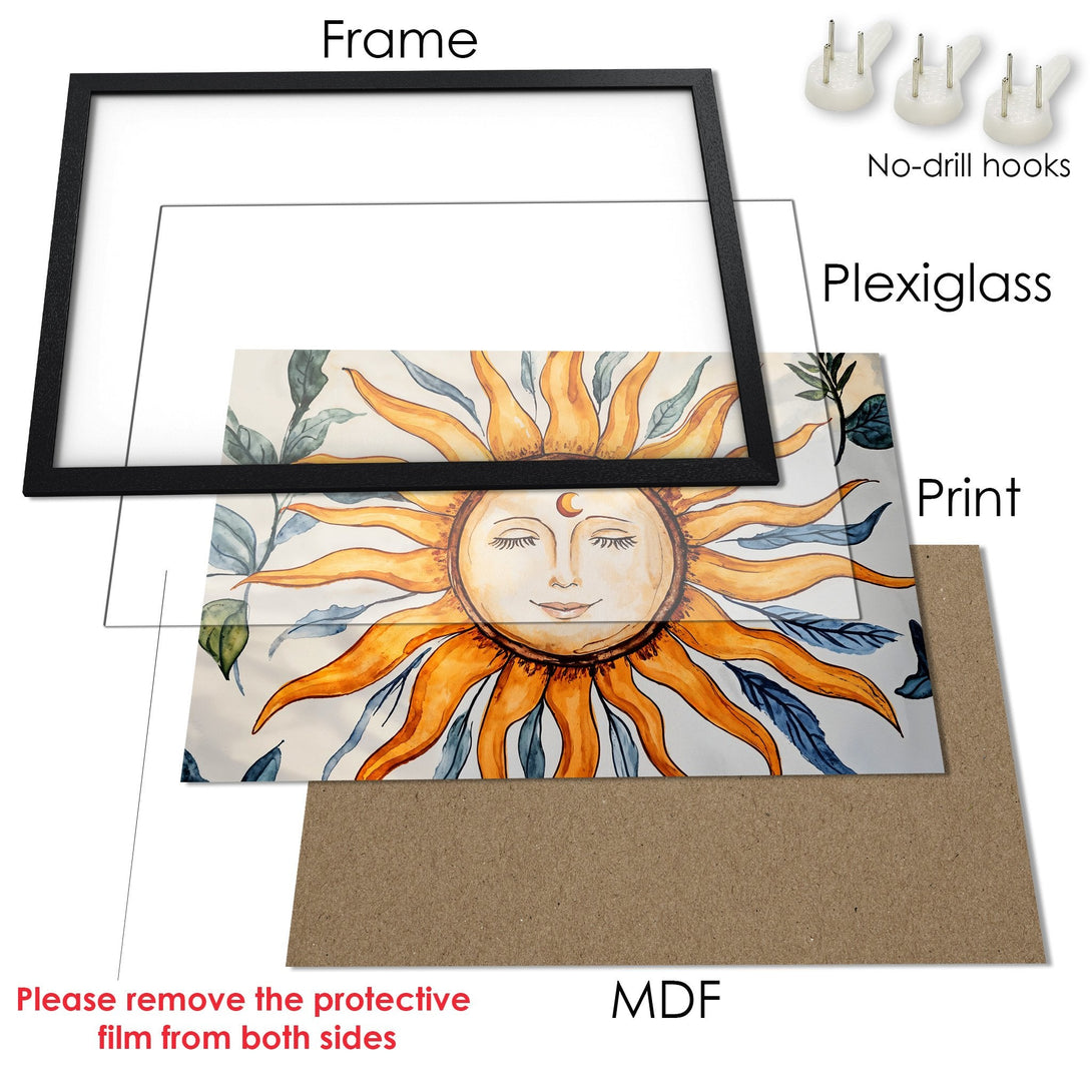 Framed Poster featuring a watercolor sun design with orange, blue, and green hues. Perfect wall art!