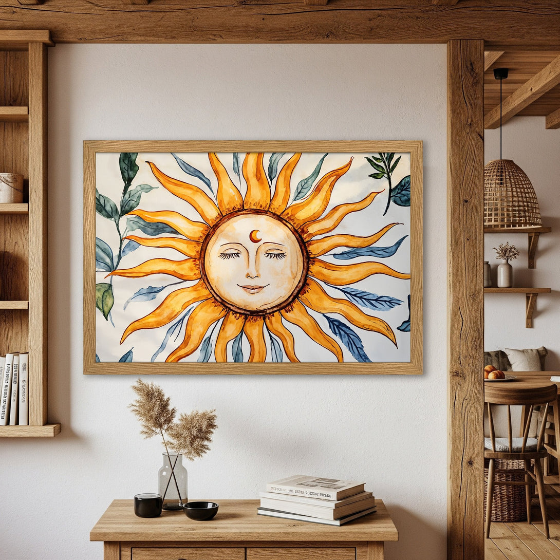 Framed Poster featuring a watercolor sun with a warm, inviting color palette. Perfect boho wall art!