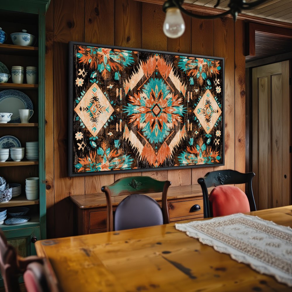 Framed Wall Art: Boho-style canvas print with vibrant turquoise, orange, and black geometric design. Perfect for adding a pop of color to your home!