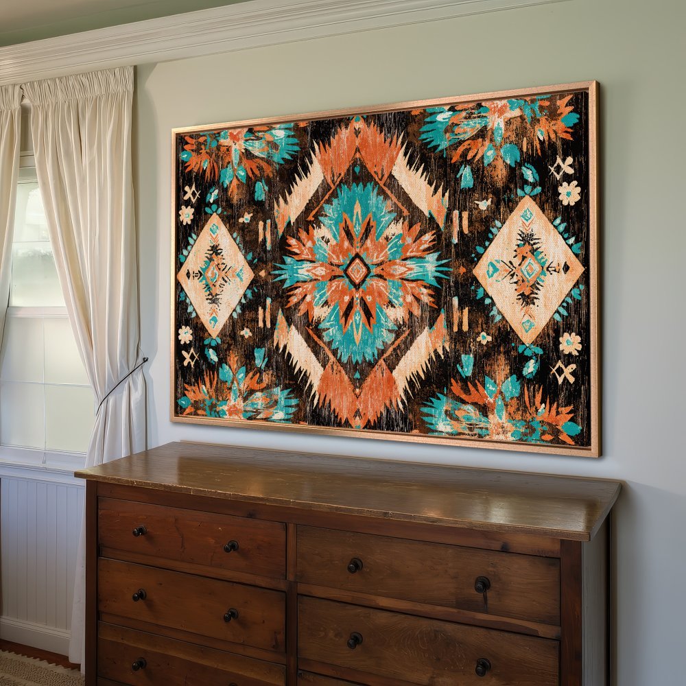 Framed Wall Art: Bohemian-style canvas print with a vibrant turquoise, orange, and black geometric pattern. Perfect for adding a pop of color!