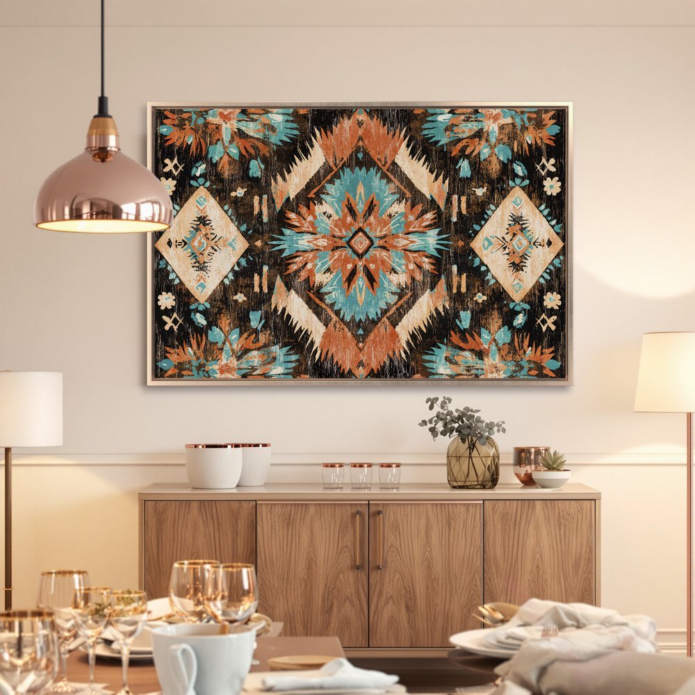 Framed Wall Art: Southwestern-style Canvas Print in turquoise, orange, and black. Perfect for adding a pop of color and bohemian flair to your dining room.